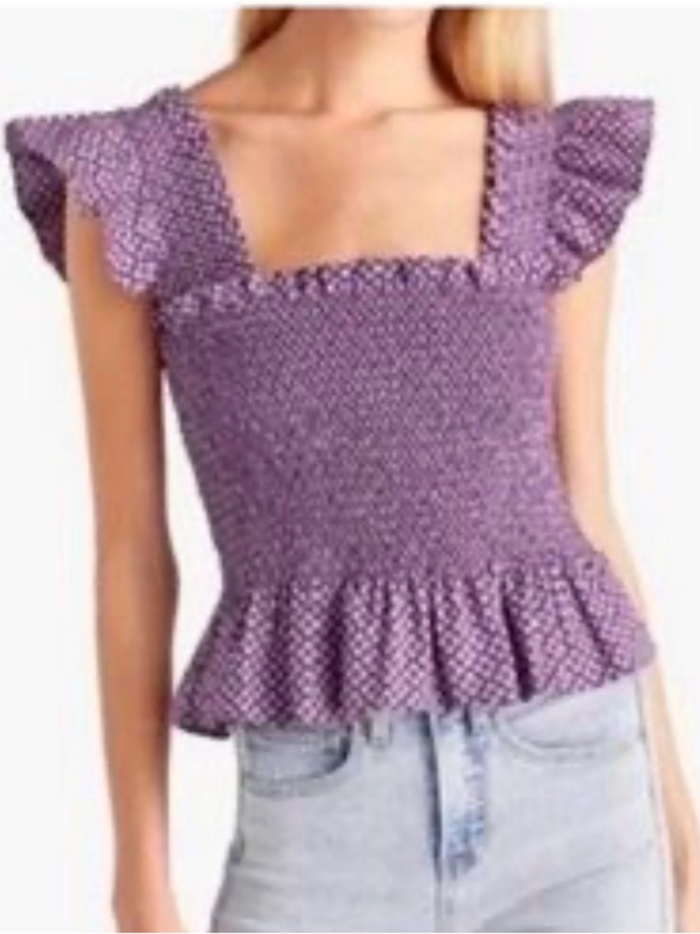 Hill House Home Purple Floral Smocked Peplum Flutter Sleeve Top Size L